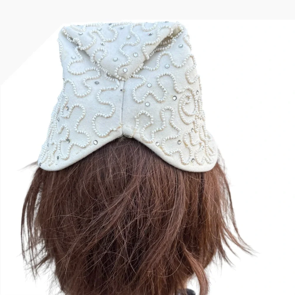 Vintage Style White Pearl Rhinestone Pillbox Hat Birdcage Veil Bridal Formal